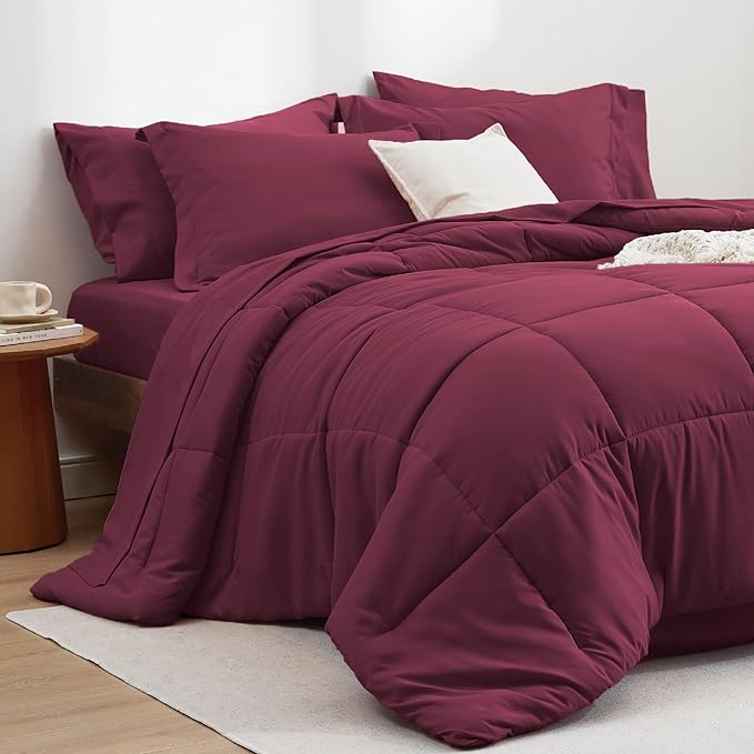 Bedsure Burgundy Queen Comforter Set - 7 Pieces Solid Queen Bed in a Bag, Queen Bed Set Burgundy with Comforters, Sheets, Pillowcases & Shams