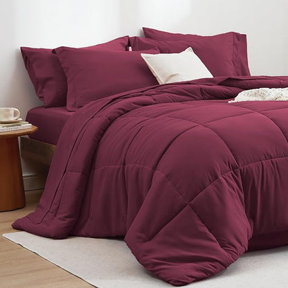 Bedsure Burgundy Queen Comforter Set - 7 Pieces Solid Queen Bed in a Bag, Queen Bed Set Burgundy with Comforters, Sheets, Pillowcases & Shams