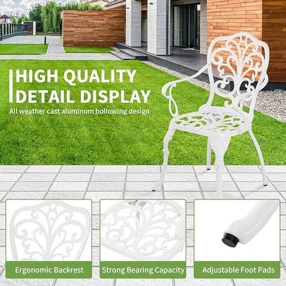 Patio Bistro Set 3 Piece Cast Aluminum Outdoor Bistro Set, Rust Resistance Bistro Table and Chairs of 2 with Umbrella Hole, Small Patio Set for Garden Outside, White