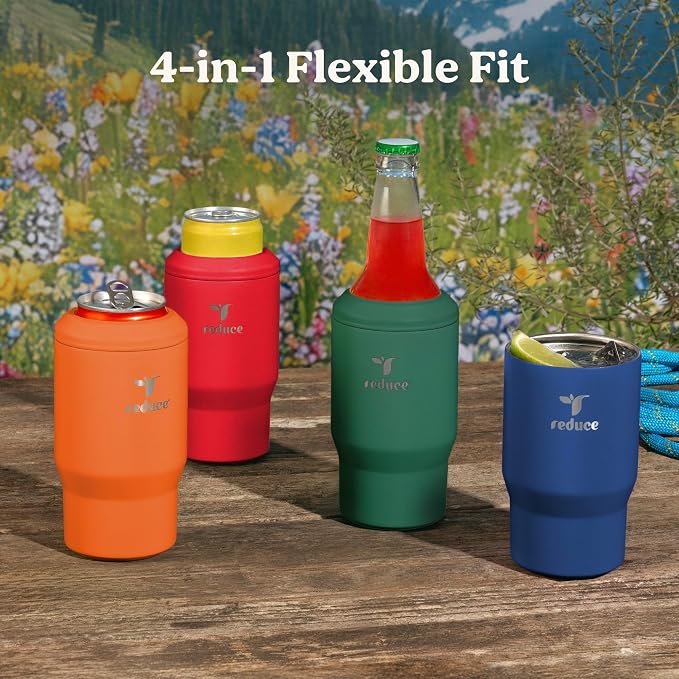 Reduce 4-in-1 Drink Cooler - Versatile Can & Bottle Holder with Vacuum Insulation - Keeps Drinks Cold Up to 4 Hours - Includes Bottle Opener - Fits Cupholders & Dishwasher Safe - 14oz - Rally Red