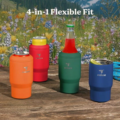 Reduce 4-in-1 Drink Cooler - Versatile Can & Bottle Holder with Vacuum Insulation - Keeps Drinks Cold Up to 4 Hours - Includes Bottle Opener - Fits Cupholders & Dishwasher Safe - 14oz - Rally Red
