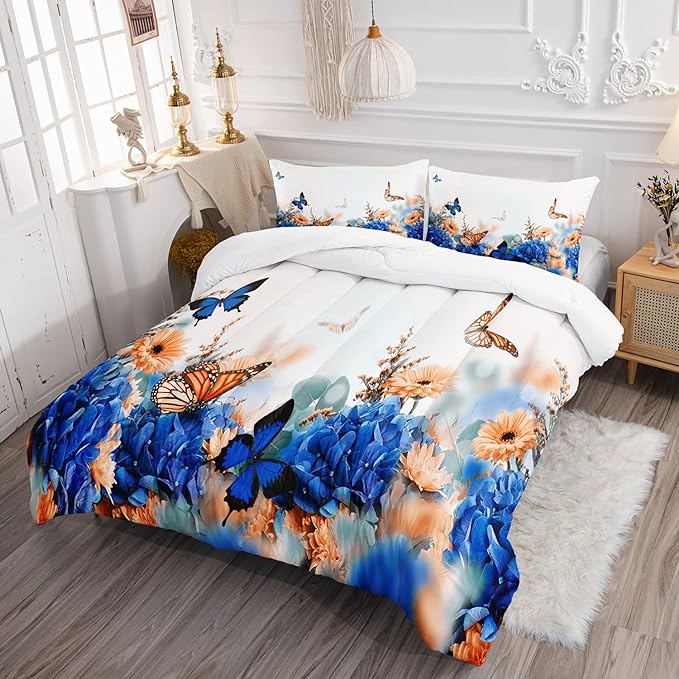 CVHOUSE Butterfly Bedding Set,Butterfly Comforter King,Butterfly Comforter Set for Girls Kids Teens,Butterflies Quilt Set with 1 Comforter and 2 Pillow Cases- 3 Piece
