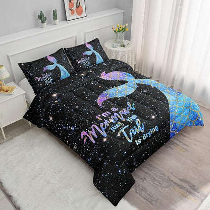 Datura home Bedding Comforter Set Black Starry Sky Mermaid Printed Pattern Quilt with 1 and 2 Pillowcases for Girls Bedroom All Season(Black Queen) Queen 90x90inches