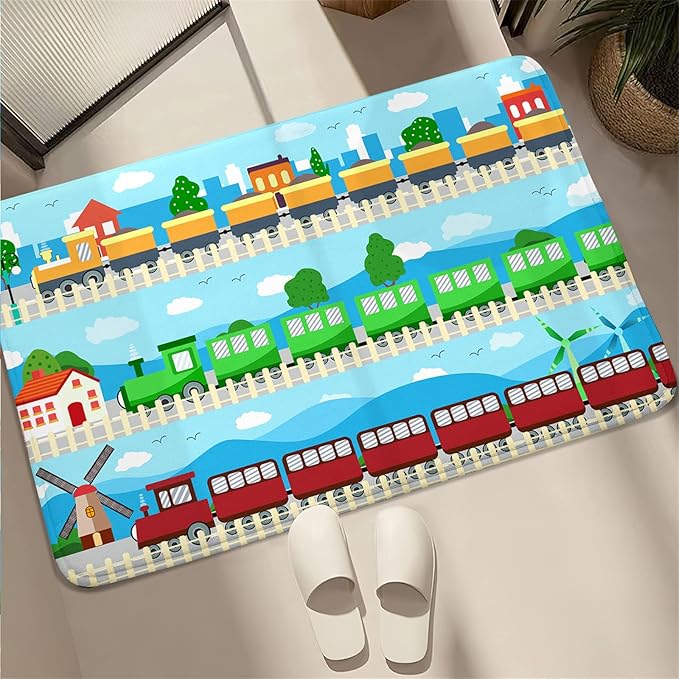 Train Rug Car Rug Play Mat Truck Rugs for Boys Room Kids Car Rug Truck Car Rug Car Carpet for Kids Kids Rugs for Playroom Car Rug for Boys Room,Light Blue 2'×3'