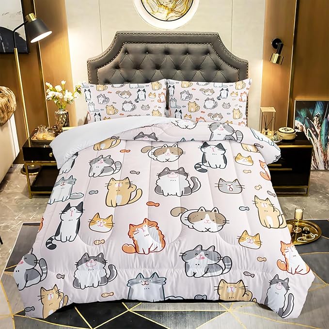 Kids Cute Cat Comforter Set Twin Size 3Pcs Cartoon Pet Cat Fishing Bedding Set Lovely Animal Quilt Bed Set for Children Girls Boys Room Decor