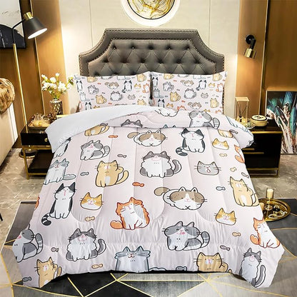 Kids Cute Cat Comforter Set Full Size 3Pcs Cartoon Pet Cat Fishing Bedding Set Lovely Animal Quilt Bed Set for Children Girls Boys Room Decor