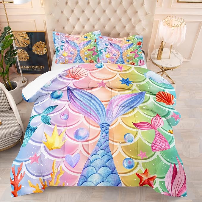 NINENINE Mermaid Tail Bedding Mermaid Comforter Set,Blue Glitter Bedding Full Comforter Sets for girls,Rainbow Scales Bedding Sets with 1Comforter 2Pillowcases