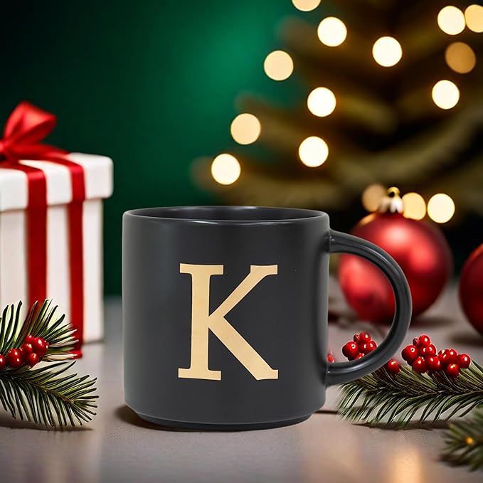 COLLECTIVE HOME - Monogram Ceramic Mugs, 15 oz Golden Initial Black Coffee Cups, Elegant Alphabet Tea Mugs, Elegant Personalized Mug with Gift Box, Unique Mug with Double Side Capital Lette (K)