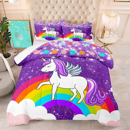 Unicorn Girls Full Size Bedding Sets Cartoon Unicorn Comforter Kids Bedding Set Cute Rainbow Unicorn Print Full Size Bedding Unicorn Kawaii Comforter Set, Purple, 1 Comforter+2 Pillowcases