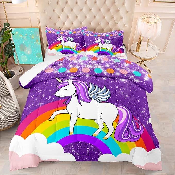 Girls Unicorn Comforter Sets Queen Comforter Set for Girls Unicorn Bedding Sets Queen Cartoon Unicorn Print Comforter Sets Girls Bedding Room Decor, Purple, 1 Comforter+2 Pillowcases