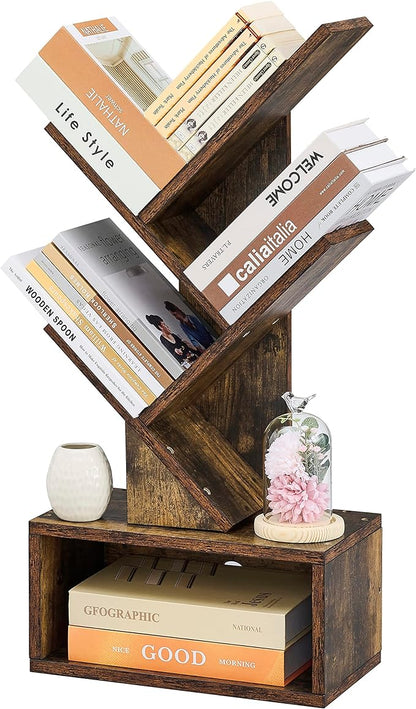 Hoctieon 3 Tier Tree Bookshelf, Small Bookcase with Drawer, Desktop Book Shelf, Display Floor Standing Storage Shelf, Book Organizer Shelves for Home Office, Rustic Brown