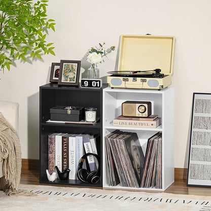 YAHARBO 2 Cube Bookshelf, White Record Player Stand with Vinyl Storage Up to 100 Albums, Horizontal Low Book Shelf, Mini Bookcase with Storage Organizer, Small Turntable Stand for Living Room, Bedroom