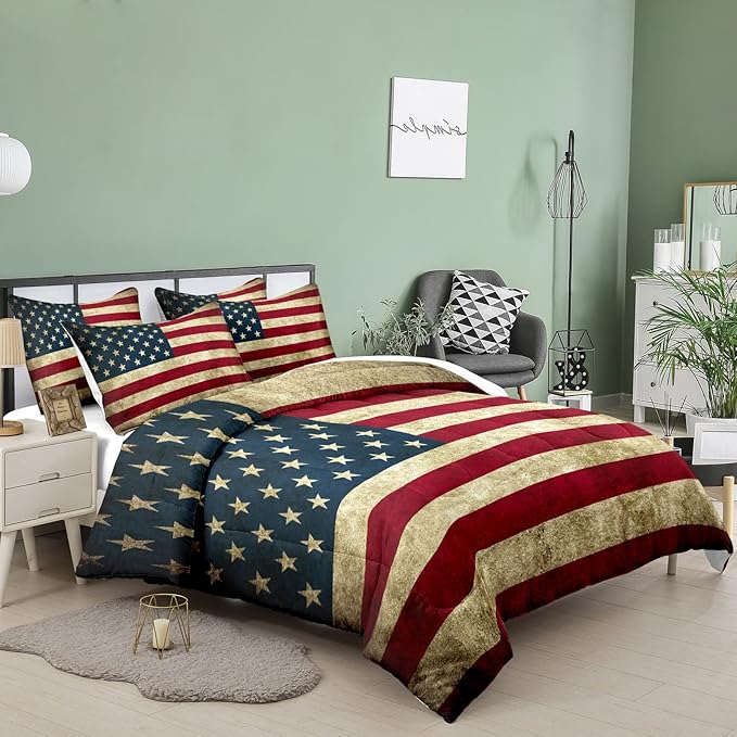 Tailor Shop American Flag Comforter Set for Boys Kids Teens American Flag Pattern Bedding Set King Size with 1 Comforter 2 Pillowcases