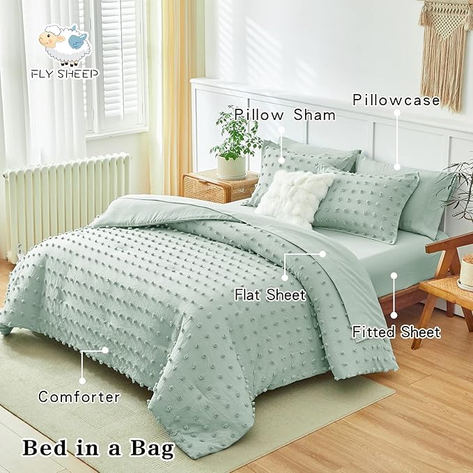 7 Pieces Tufted Dots Bed in a Bag King Comforter Set with Sheets Green , Soft and Embroidery Shabby Chic Boho Comforters, Solid Color with Pom Pom Design, Jacquard Tufts Bedding Set for All Season
