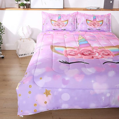 Unicorn Comforter Set 3pc Pink Flower Girl Soft Unicorn Kid's Bedding Sets