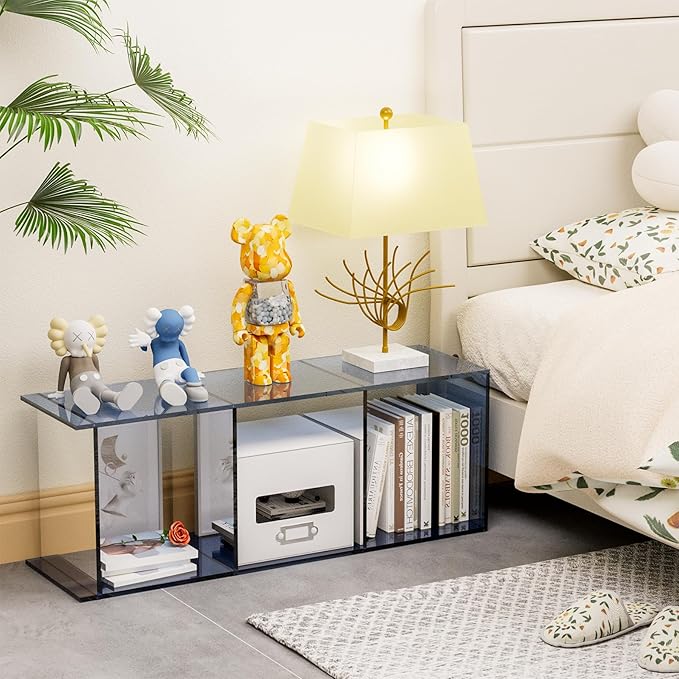 Acrylic Bookcase, 3 Tier Clear Floor Standing Bookshelf, 31.5 inch Tall Display Cube Storage Shelf Home Decor Furniture for Home, Office, Living Room, Bedroom - Transparent Blue