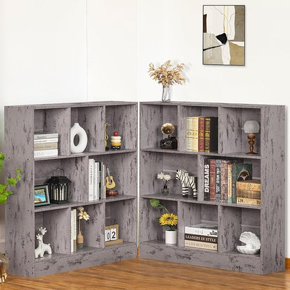 LEYAOYAO 8 Cube Bookshelf with Base,3 Tier Mid-Century Modern Grey Bookcase,Standing Wide Bookshelves Storage Organizer Shelf,Rustic Wood Display Cabinet Book Shelves for Bedroom,Living Room,Office