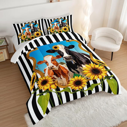 HOSIMA Animal Theme Bedding Set Bull and Cow Comforter with 2 Pillowcases,Black and White Stripes Twin Bed in a Bag Sets for Adults Teens Kids,Sunflower Print Western Bedding Sets.