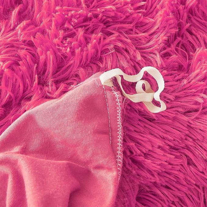 Fluffy Faux Fur hot pink Comforter Cover Set Queen - Ultra Soft Plush hot pink Bedding Sets 3 Pieces (1 fluffy duvet cover + 2 Faux Fur Pillow case) Cute hot pink Bed Set (Hot pink, Queen)