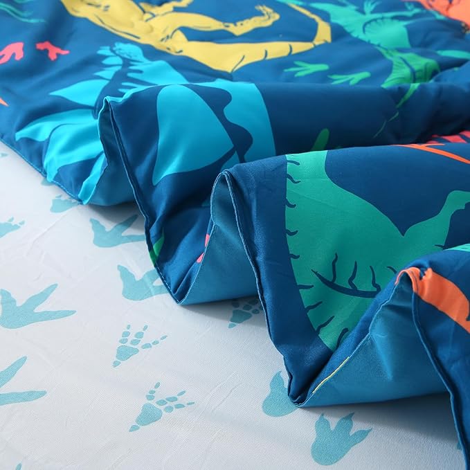 Wajade Boys Dinosaur Comforter Set Bed in A Bag Twin Size 7 Piece 3D Blue Dinosaur Print Bedding Set for Kids Teens(1 Comforter, 1 Flat Sheet, 1 Fitted Sheet, 2 Pillowcase and 2 Pillow Sham)