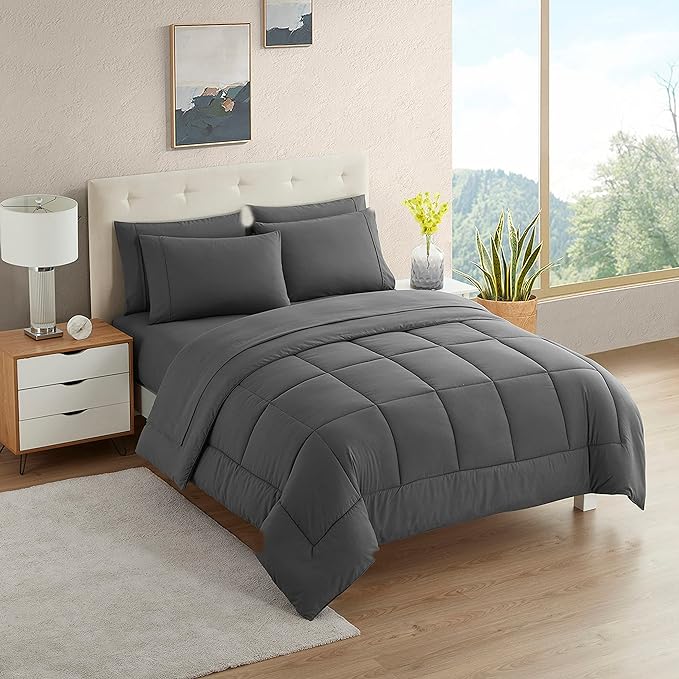 Dorm Room Essentials College Bedding Comforter Set 7 Piece Full Size Bed in a Bag for College Students Boys and Girls, Full, Gray