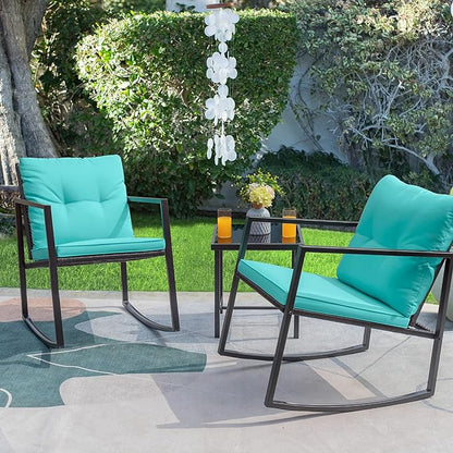 Greesum 3 Piece Rattan Patio Furniture Set with Rocking Chairs, Glass Table and SOLPEX 16 Pack Solar Deck Lights for Outdoor Stairs, Fence and Pathway