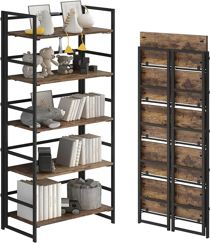 No-Assembly Folding Bookshelf Storage Shelves 5 Tiers Vintage Multifunctional Plant Flower Stand Storage Rack Shelves Bookcase for Home Office (Fire Board)