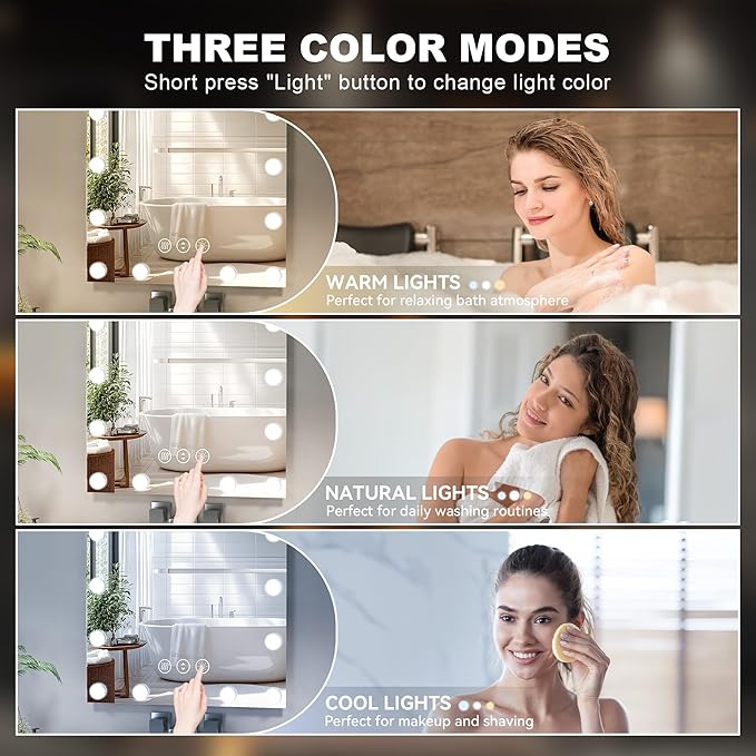 Hasipu LED Bathroom Mirror with Lights, 71" x 32" Hollywood Wall-Mounted Bathroom Mirror with 28 Dimmable Bulbs, 3 Colors Modes, Touch Control, Anti-Fog, Memory Function, Shatter-Proof, ETL Listed