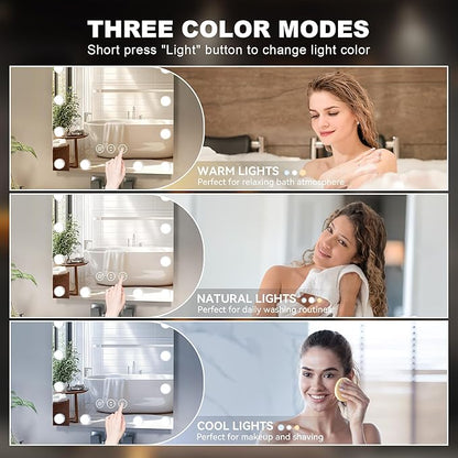 Hasipu LED Bathroom Mirror with Lights, 59" x 30" Hollywood Wall-Mounted Bathroom Mirror with 24 Dimmable Bulbs, 3 Colors Modes, Touch Control, Anti-Fog, Memory Function, Shatter-Proof, ETL Listed