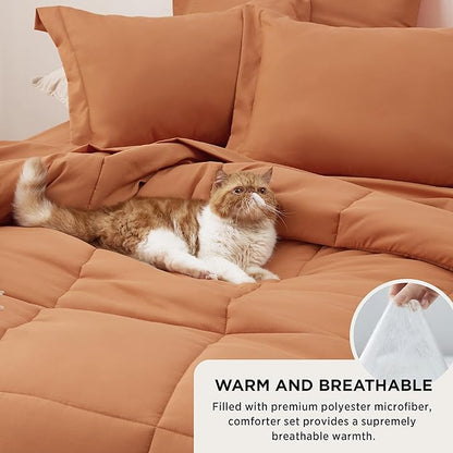 Bedsure Burnt Orange Twin Comforter Set - 5 Pieces Solid Twin Bed in a Bag, Twin Bed Set Burnt Orange with Quilted Warm Fluffy Comforters, Sheets, Pillowcase & Sham