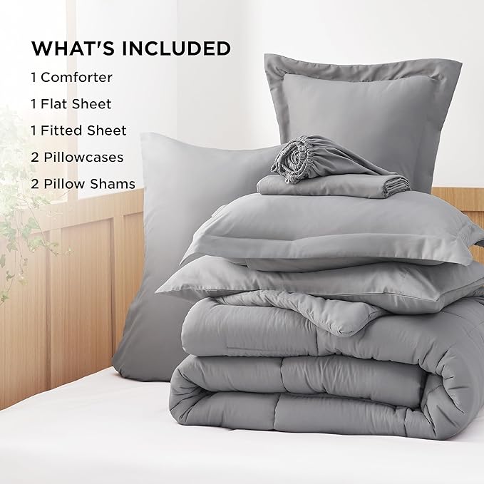 Bedsure King Size Comforter Set - 7 Pieces Solid King Bed Set, King Bed in a Bag Grey with Quilted Warm Fluffy Comforters, Sheets, Pillowcases & Shams