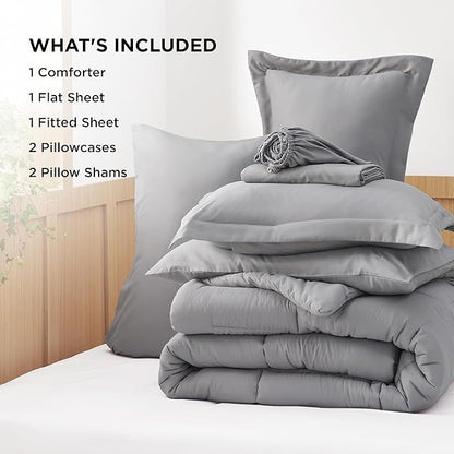 Bedsure King Size Comforter Set - 7 Pieces Solid King Bed Set, King Bed in a Bag Grey with Quilted Warm Fluffy Comforters, Sheets, Pillowcases & Shams