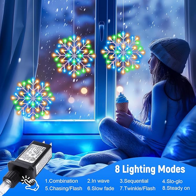Christmas Snowflake Icicle Lights Outdoor - Plug-in 10.5ft 5 Drops 240LED Snowflake Window Lights with 8 Modes, Hanging Lights for Indoor Outdoor Porch Eaves Rooftops Christmas Decor, Multicolor
