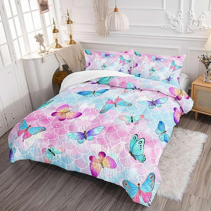 Datura home Kids Comforter Set Mermaid Scale Butterfly Printed Pattern Bedding Set with 1 Comforter and 2 Pillowcases for Girls Boys Bedroom All Season(Mermaid Queen)