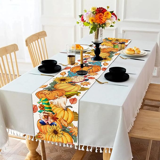 Fall Table Runner 108 Inches Long Autumn Table Runner Pumpkins Maple Leaves Gnome Fall Theme Decor for Kitchen Dining Table Home Party Decorations