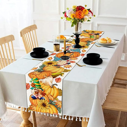 Fall Table Runner 108 Inches Long Autumn Table Runner Pumpkins Maple Leaves Gnome Fall Theme Decor for Kitchen Dining Table Home Party Decorations