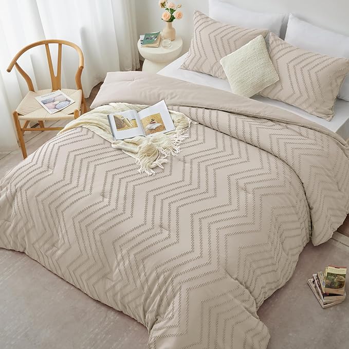 CozyLux California King Size Comforter Set Beige - 3 Pieces Cal King Boho Tufted Shabby Chic Bedding Comforter Set for All Seasons, Chevron Bedding Sets with Comforter & 2 Pillow Shams
