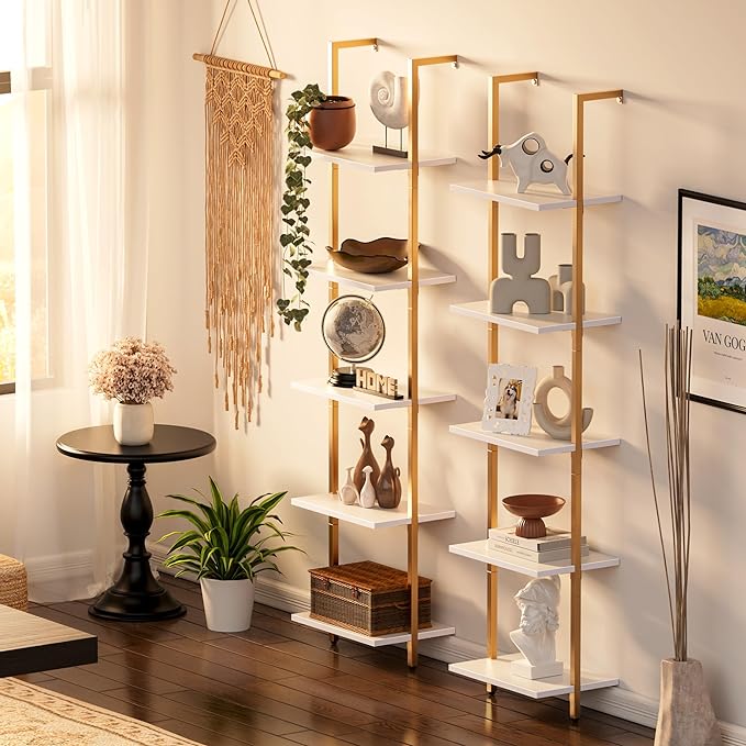 SUPERJARE 5 Tier Bookshelf, Narrow Book Shelf with Open Display Shelves, Small Bookcase with Metal Frame for Bedroom, Living Room, White and Gold
