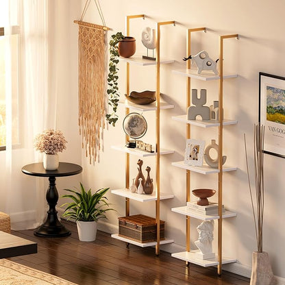 SUPERJARE 5 Tier Bookshelf, Narrow Book Shelf with Open Display Shelves, Small Bookcase with Metal Frame for Bedroom, Living Room, White and Gold