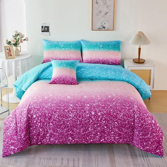 URBONUR Queen Comforter Set for Girls Teens Kids Ombre Purple Orange Teal Bedding Set Soft & Fluffy Girls Bed Set for Queen Bed Comforters with Sheets Set