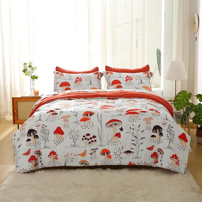 Mushroom Comforter Set Twin Size for Boys Girls Kids Teens 7 Piece Butterfly Flower Bedding Set Bed in a Bag (1 Comforter, 1 Flat Sheet, 1 Fitted Sheet, 2 Pillow Shams, 2 Pillowcases)