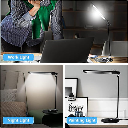 NUNET LED Desk Lamps for Home Office,Piano Lamp for Upright Piano,Rotatable Aluminum Desk Lamps with USB Charging Port,Eye-Caring Reading Light/3 Lighting Modes/Brightness Adjustable Lamp,Black