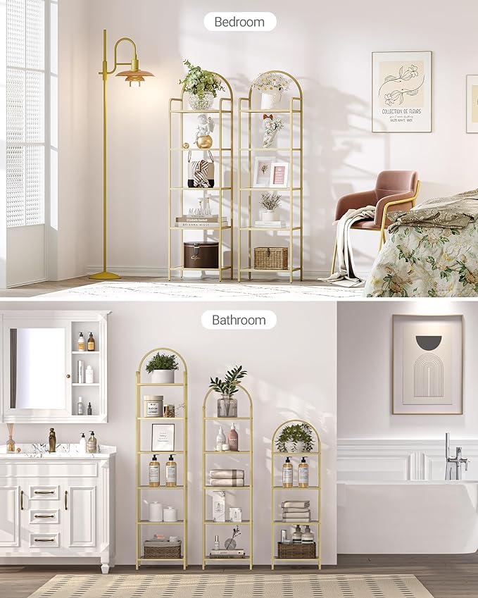 Bookcase Bookshelf, Tempered Glass Bookshelves, Slim Shelving Unit for Bedroom, Bathroom, Home Office, Steel Frame, 6 Tier Gold BC10601G