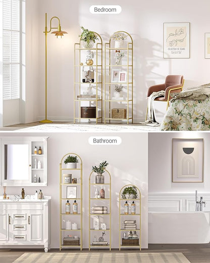 Bookcase Bookshelf, Tempered Glass Bookshelves, Slim Shelving Unit for Bedroom, Bathroom, Home Office, Steel Frame, 6 Tier Gold BC10601G