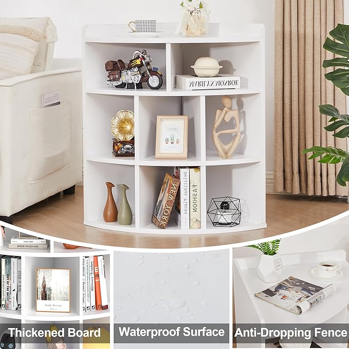 Vecelo 3-Tier Corner Cabinet with 8 Cubbies, Wooden Cube Storage Organizer, Modern Bookshelf Units for Playroom, Bedroom, Living Room,Pearl White
