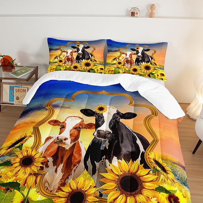HOSIMA Animal Theme Bedding Set Bull and Cow Comforter with 2 Pillowcases,Sunflower King Size Comforter Set for Adults Teens Kids,Brown Cowhide Black White Cow Print Western Bedding Sets.