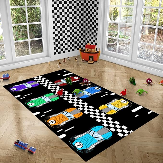 Race Car Area Rug, 47 x 31 in, Low Pile, Handmade, for Boys Room Decor, Black