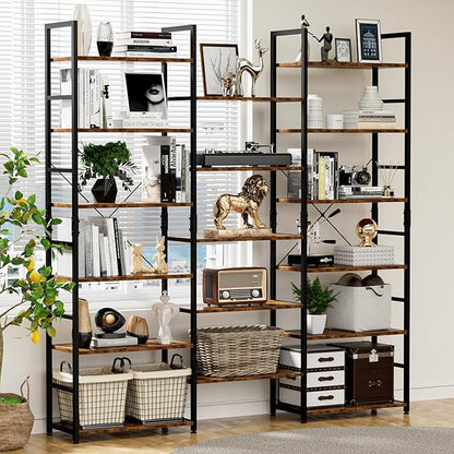 NUMENN Triple Wide 6 Tier Bookshelf, Rustic Industrial Style Bookcases and Bookshelves with 17 Open Display Shelves, Modern Tall Bookcase Furniture for Bedroom, Living Room and Home Office, Vintage