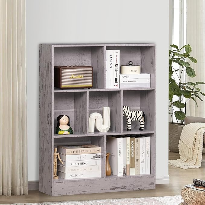 LEYAOYAO 7 Cube Bookshelf with Base,3 Tier Mid-Century Modern Grey Bookcase,Standing Wide Bookshelves Storage Organizer Shelf,Rustic Wood Display Cabinet Book Shelves for Bedroom,Living Room,Office
