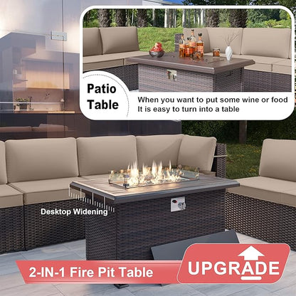 Patio Furniture Sectional Sofa Set 7-Pieces PE Rattan Patio Conversation Set w/43in Gas Fire Pit Table, Outdoor Furniture with 55000 BTU Propane Fire Pit, Sand